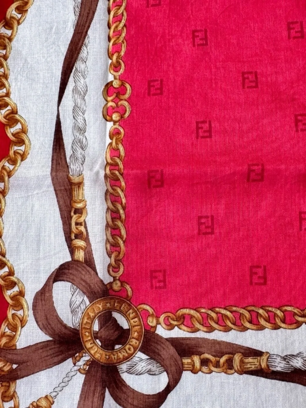 Vintage Fendi Scarf Handkerchief Neckerchief Pocket Square Chain Bow Red 17x17